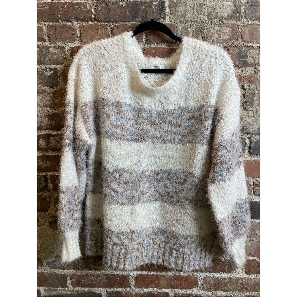 Maurices Beige/Cream Striped Fuzzy Knit Sweater, Lantern Sleeve, Women’s Size OX